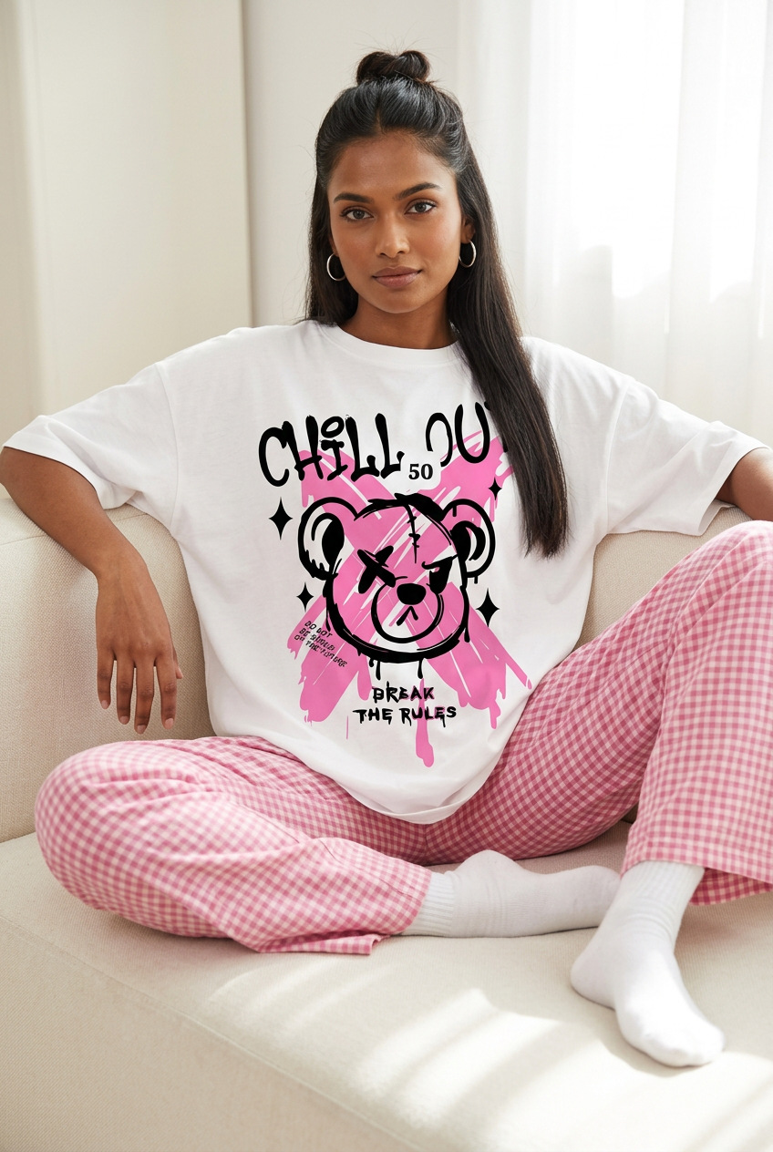 White bear graphic tee with pink checked pajamas
