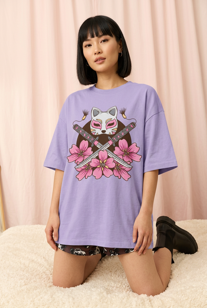 Lavender kitsune tee styled with shorts and boots in kneeling pose