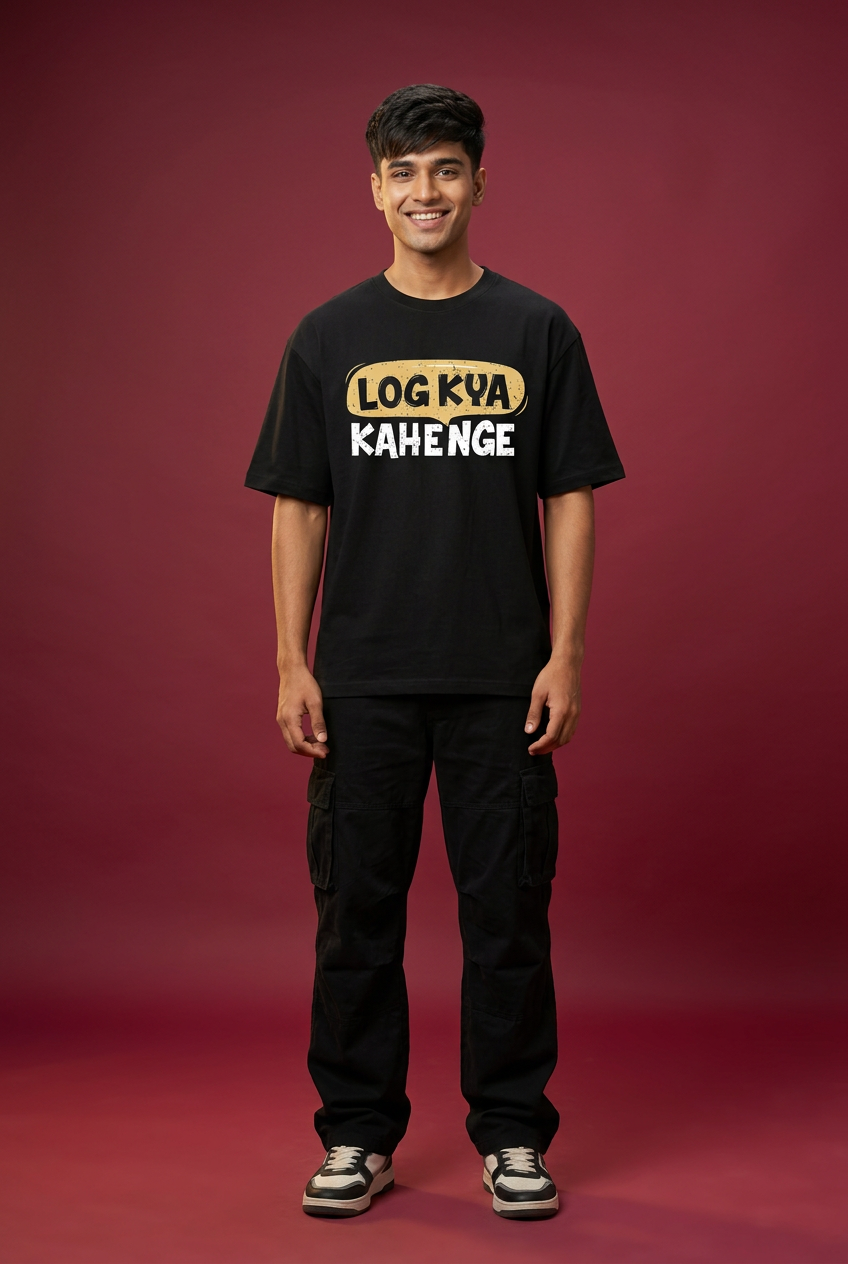 Kya Kahenge oversized T-shirt, Indian Gen Z model, playful front pose