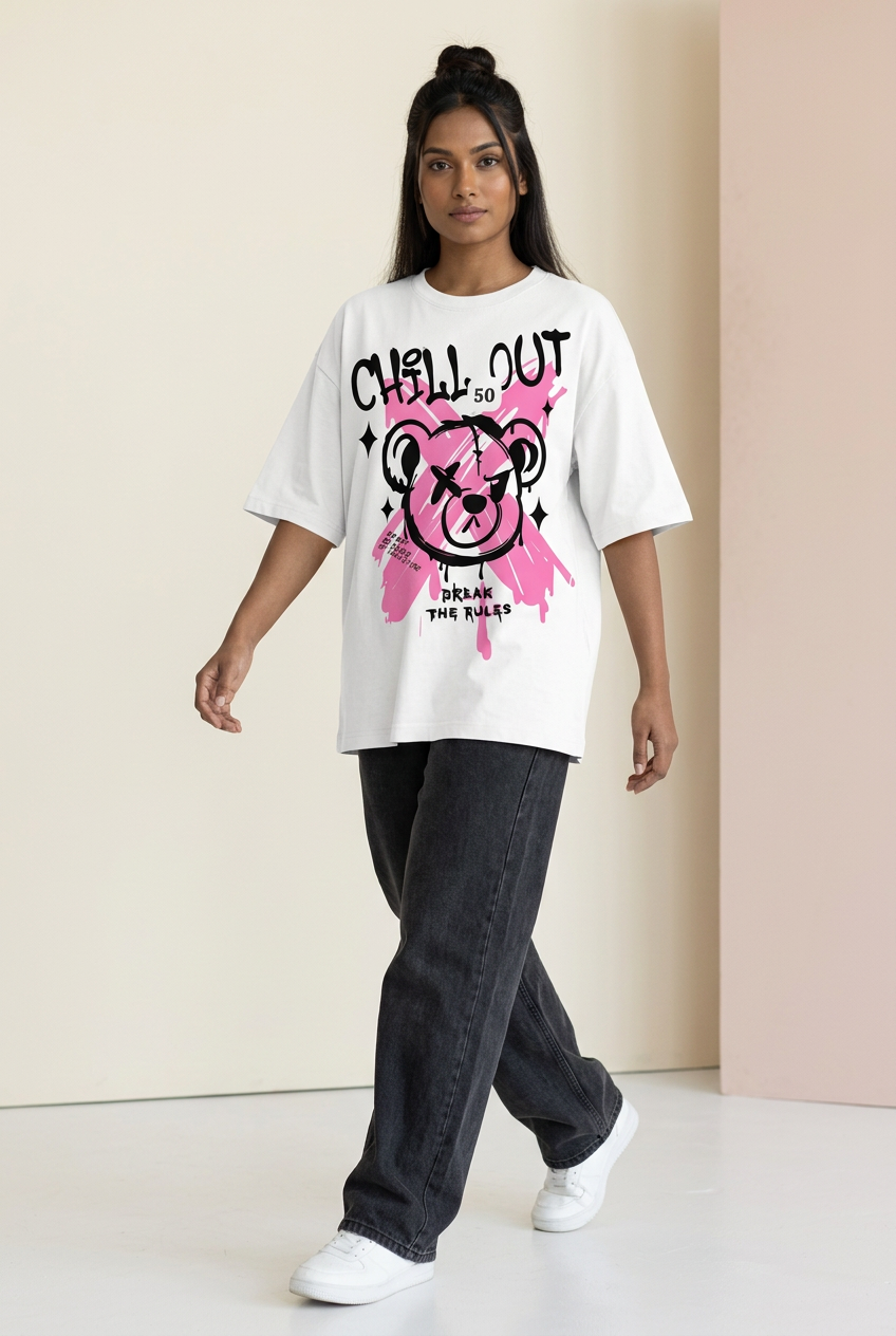 Indian female model in white Chill Out bear tee with charcoal jeans