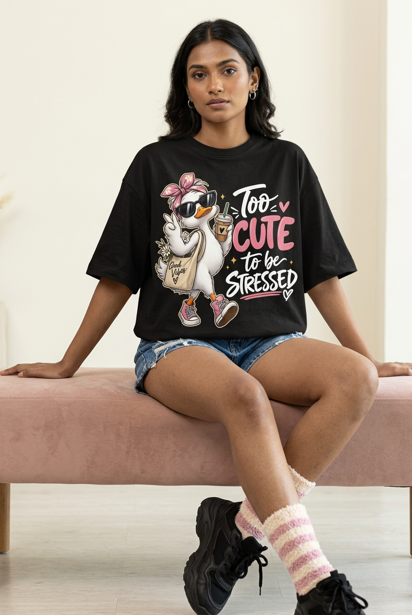 Too Cute duck tee with denim shorts and furry striped socks