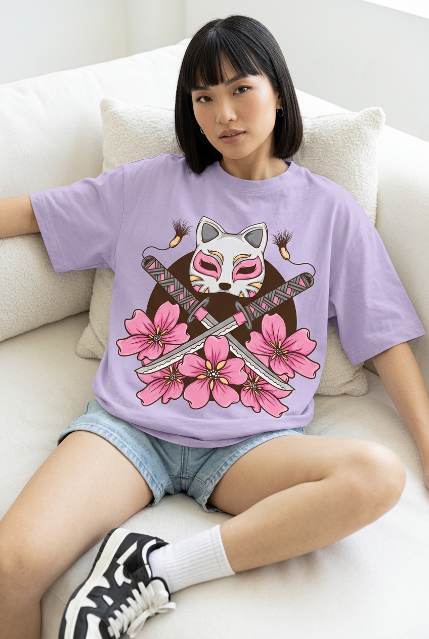 Lavender fox mask oversized tee, reclining model pose