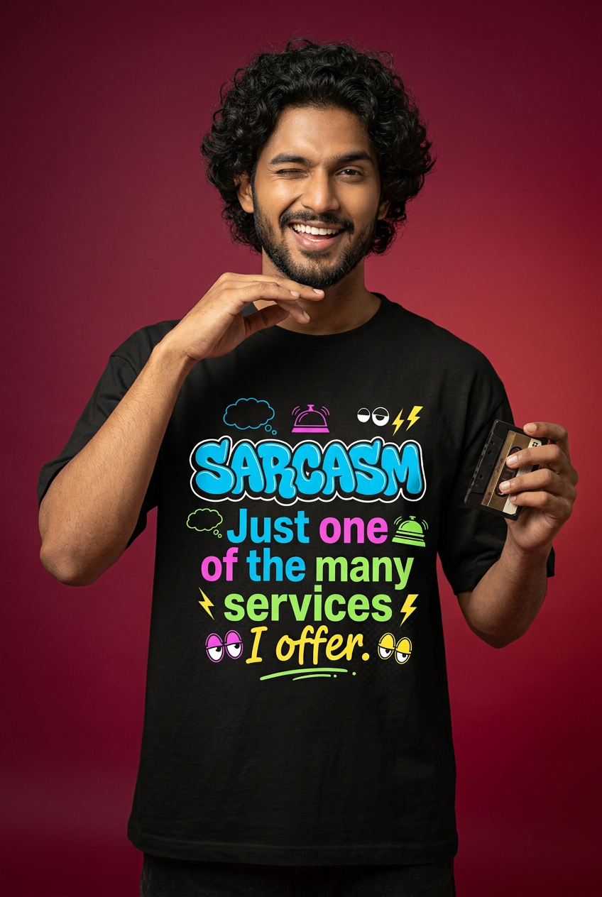 Sarcasm oversized T-shirt, curly-haired bearded model, smiling close-up
