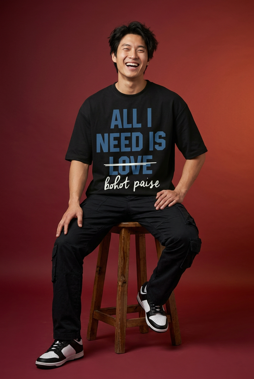 Paisa oversized T-shirt, relaxed laughing seated model pose