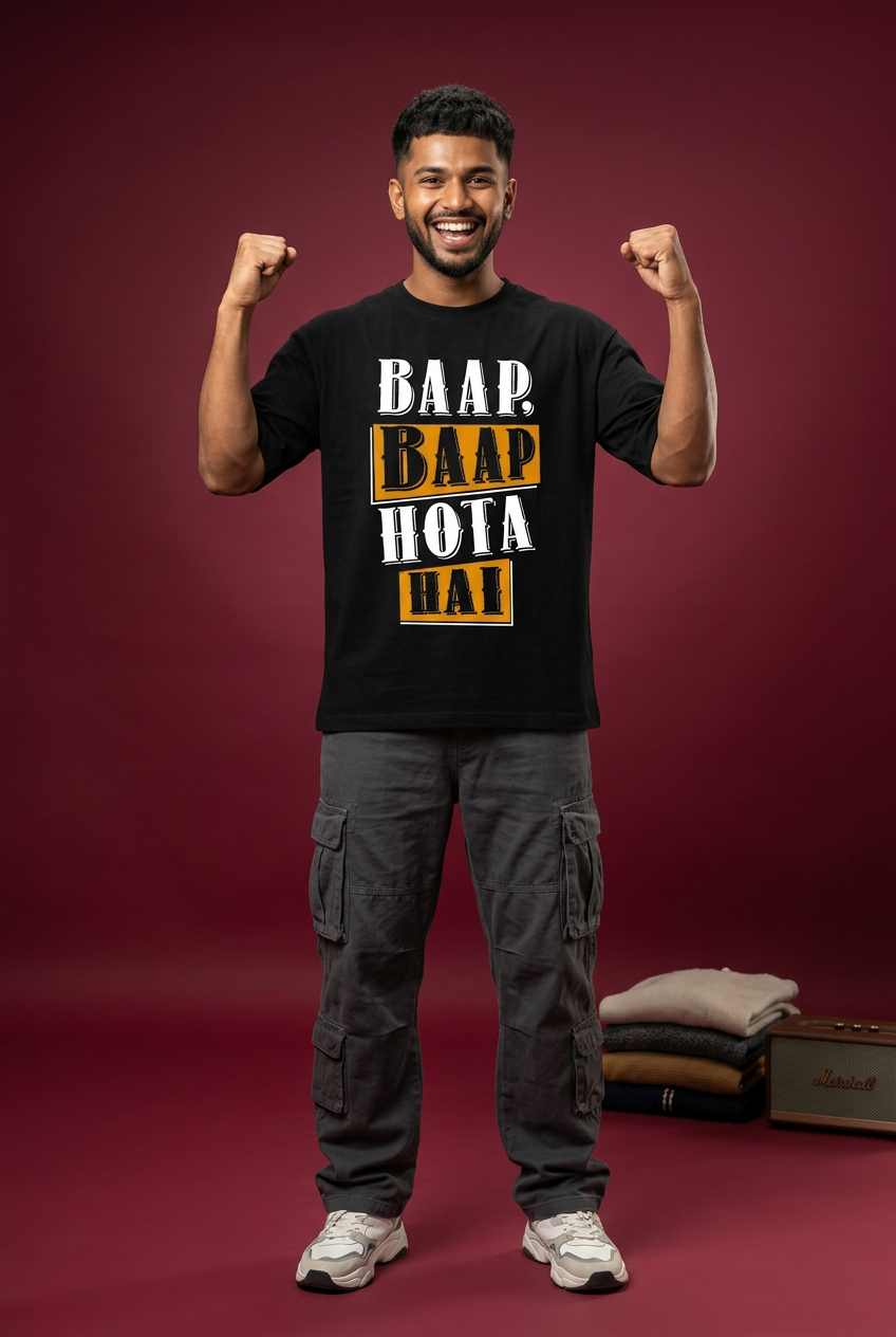 Baap tee, Indian Gen Z model, celebratory pose