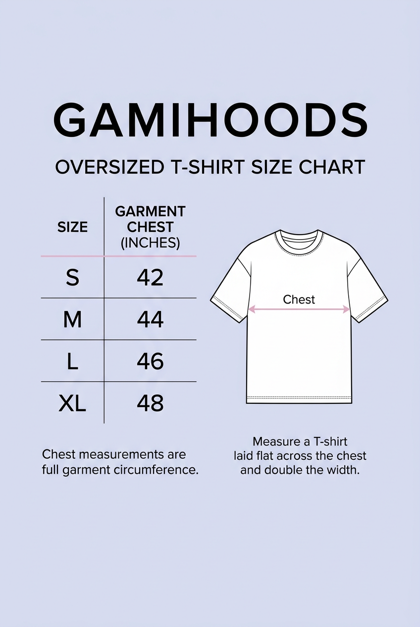 Oversized T-shirt size chart: full garment chest circumference in inches, S 42, M 44, L 46, XL 48
