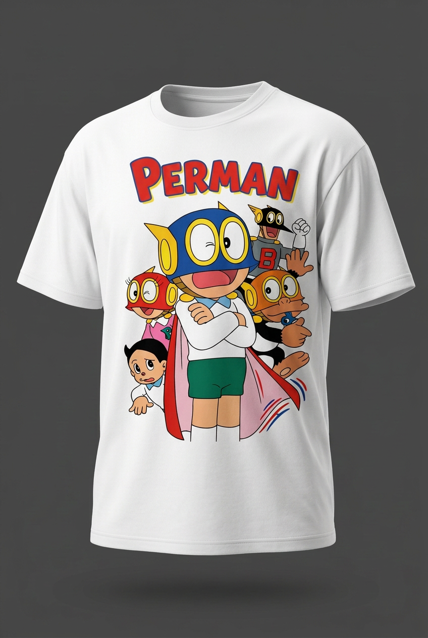 Perman white tee angled mockup