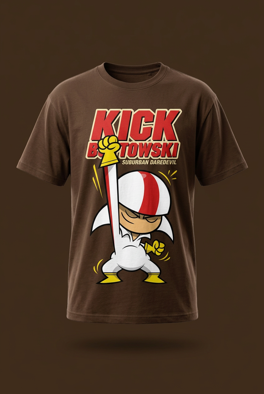 Kick Buttowski coffee-brown tee front garment-only mockup