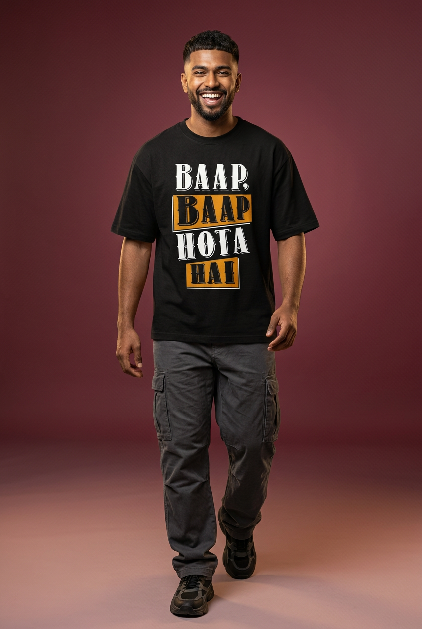 Baap tee, Indian Gen Z model, playful strut