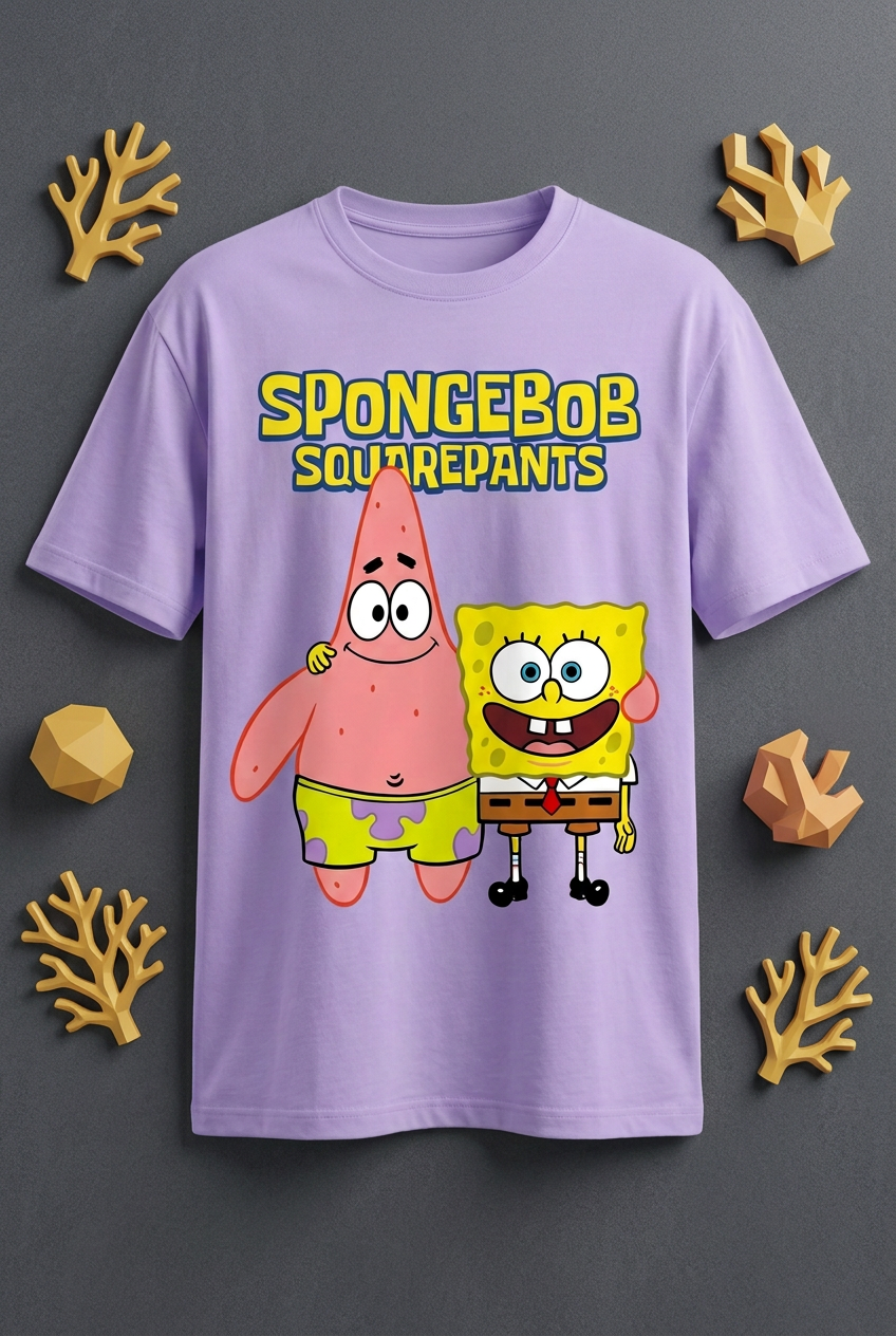 SpongeBob and Patrick lavender tee flat lay