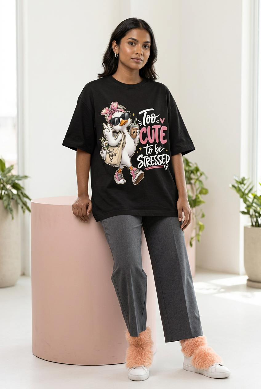 Black duck graphic tee with trousers and fuzzy peach socks