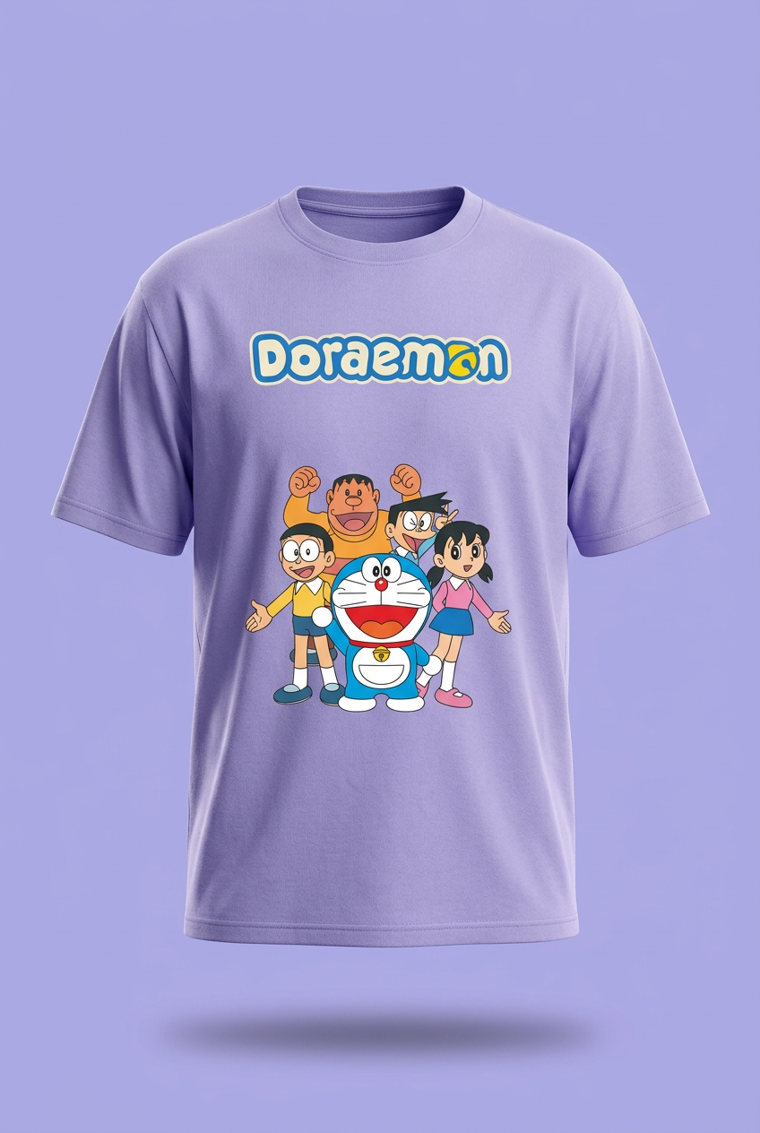 Doraemon and Friends lavender tee front garment-only mockup
