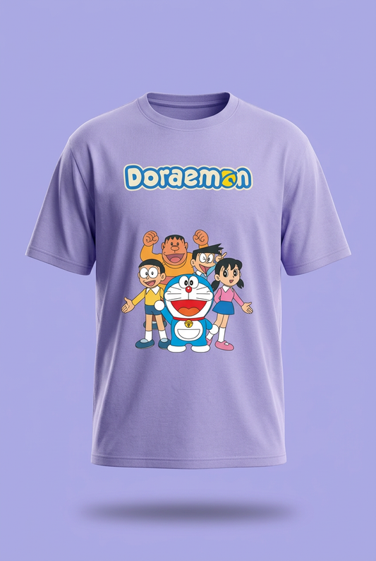 Doraemon and Friends lavender tee front garment-only mockup