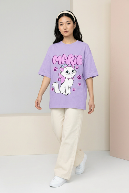 Lavender Marie cat oversized tee with cream wide-leg trousers