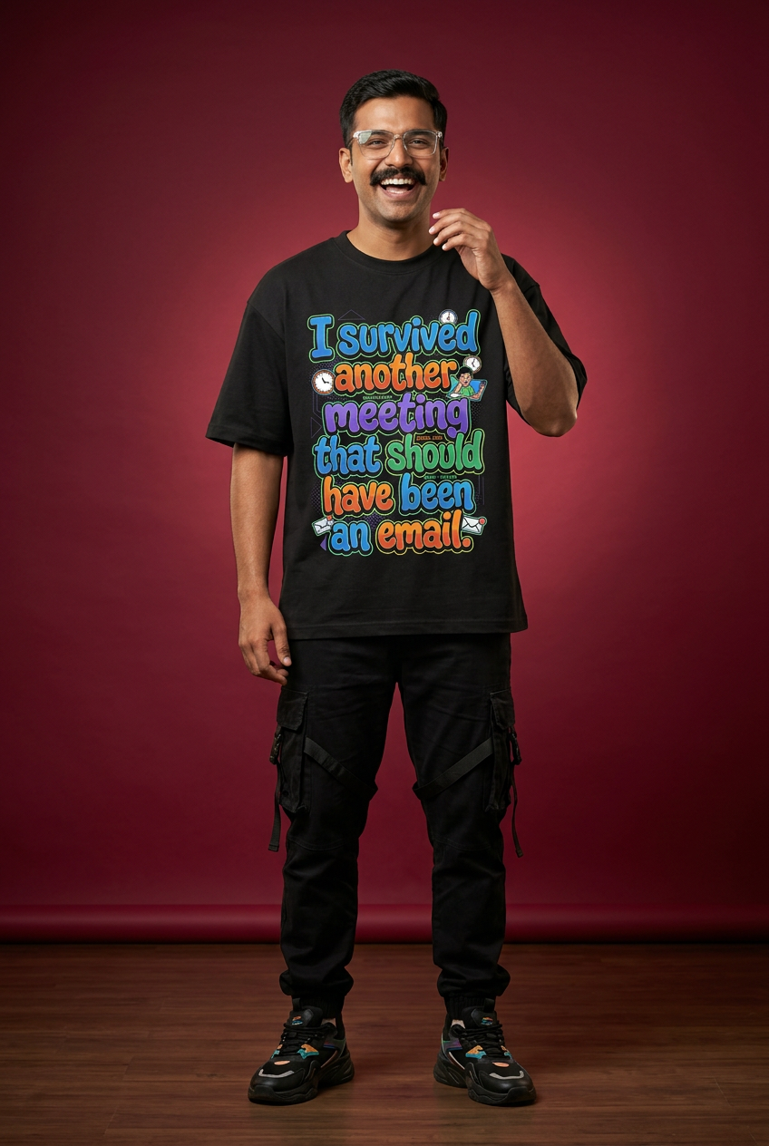 Survived oversized T-shirt, moustached model with glasses, playful front pose