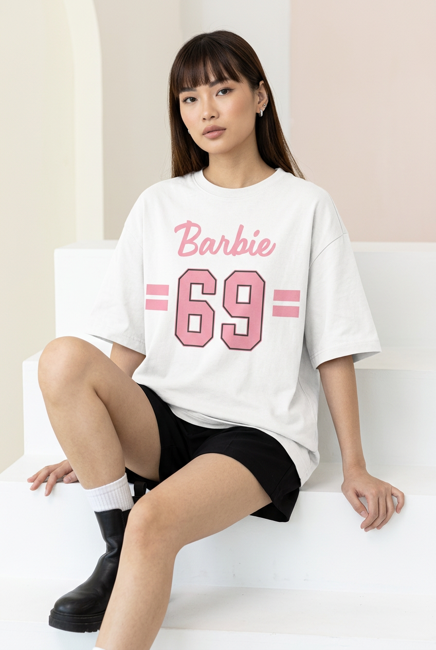 White Pink Barbie 69 tee with black shorts, socks and boots