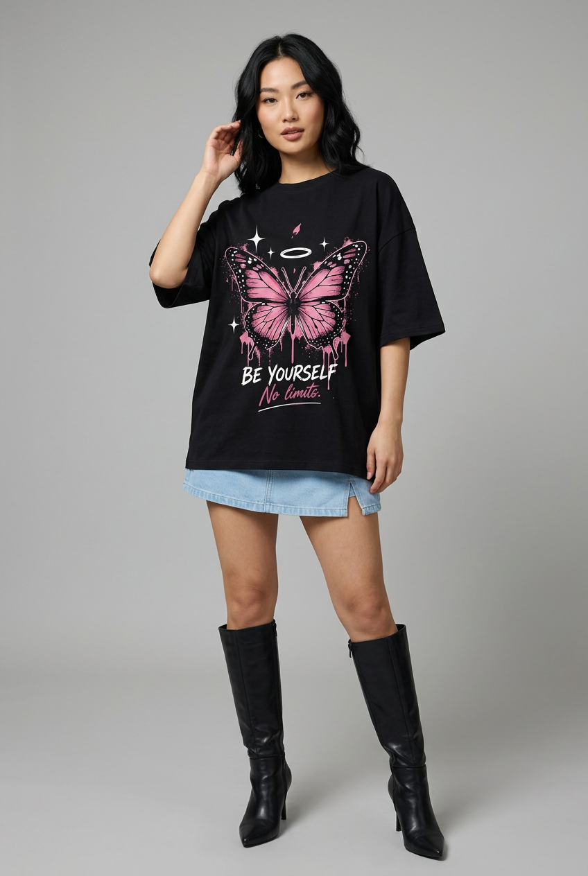 Butterfly tee styled with denim skort and knee-high black boots