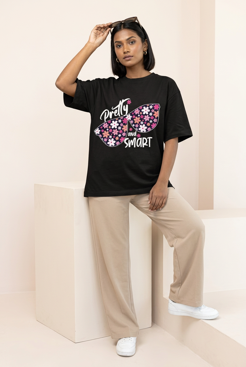 Indian female model in Pretty and Smart tee with beige wide-leg trousers