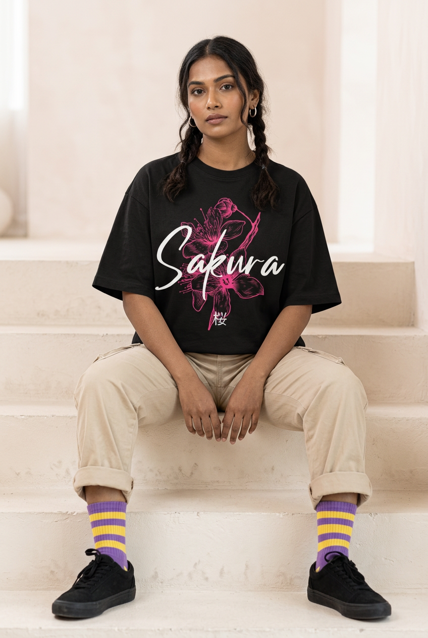 Sakura oversized tee with cargos and striped socks