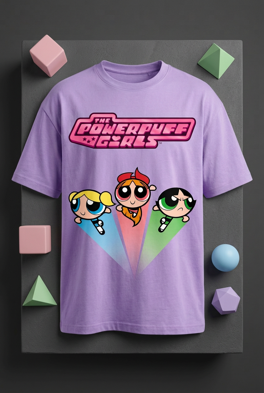 Powerpuff Girls lavender tee flat lay