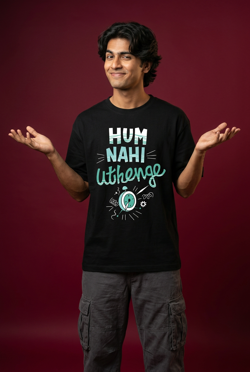 Nope oversized T-shirt, Indian Gen Z model, cheeky three-quarter pose