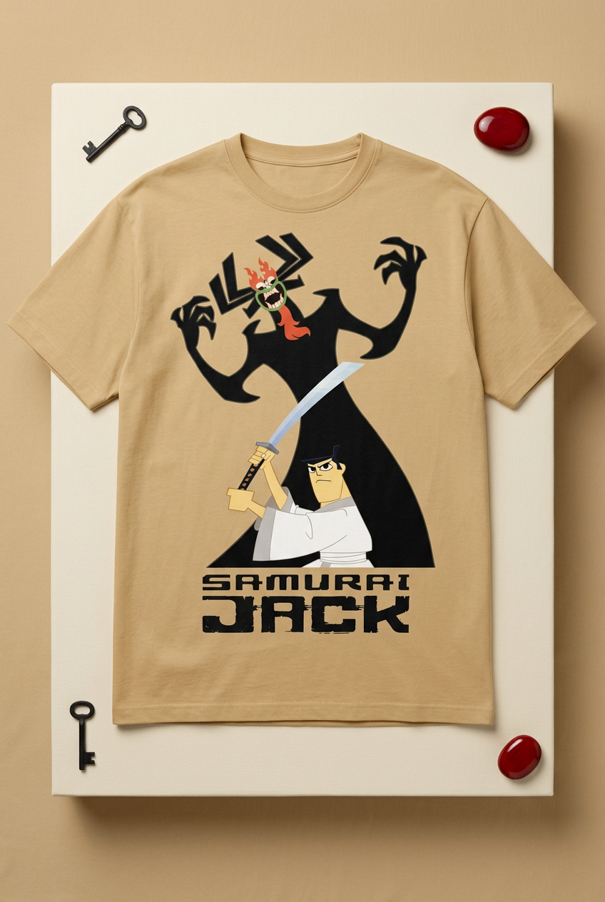 Samurai Jack and Aku sand-beige graphic tee styled flat lay