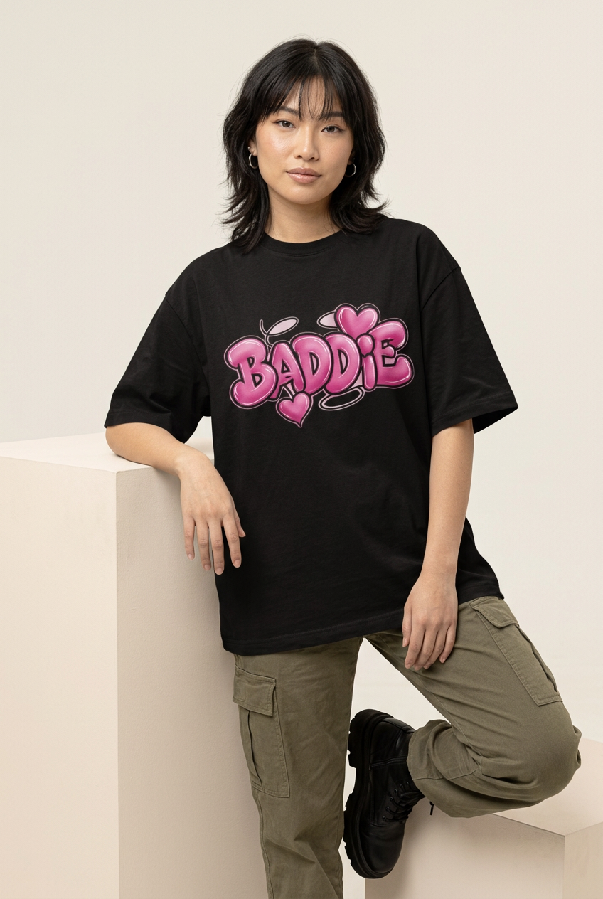 Pink Baddie oversized tee with olive cargo pants and boots