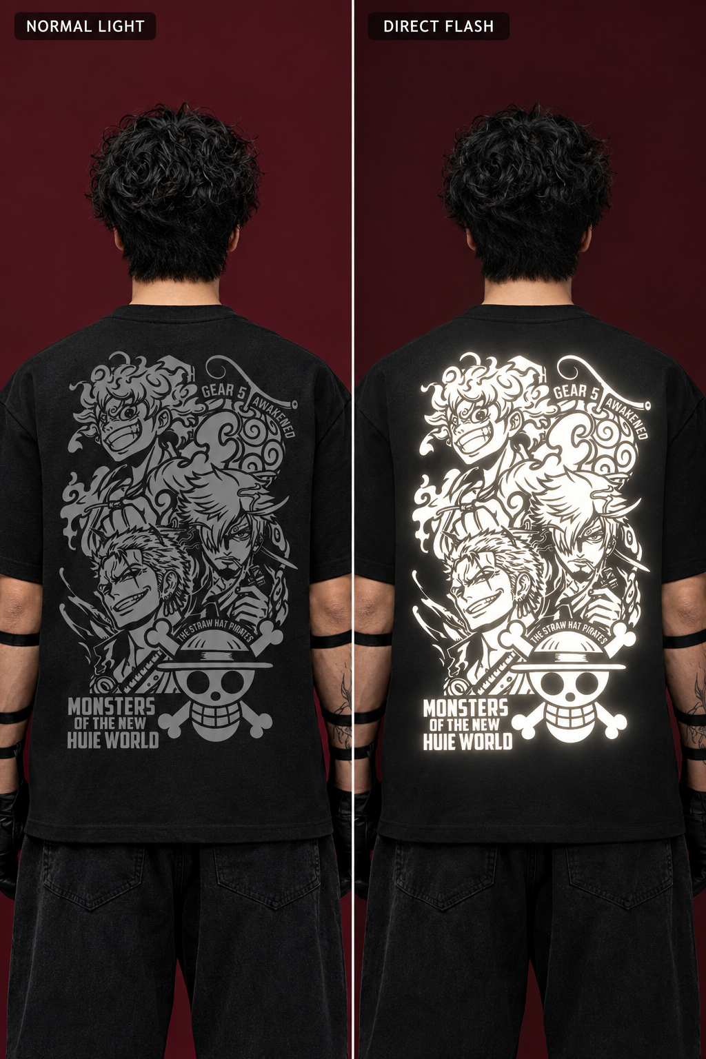 Illustrative One Piece OG normal-light versus direct-flash comparison