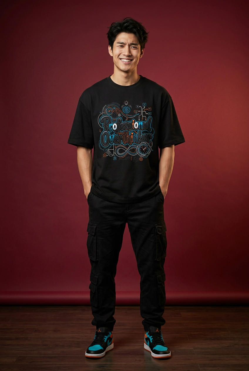 Overthinker oversized T-shirt, playful full-body front model pose