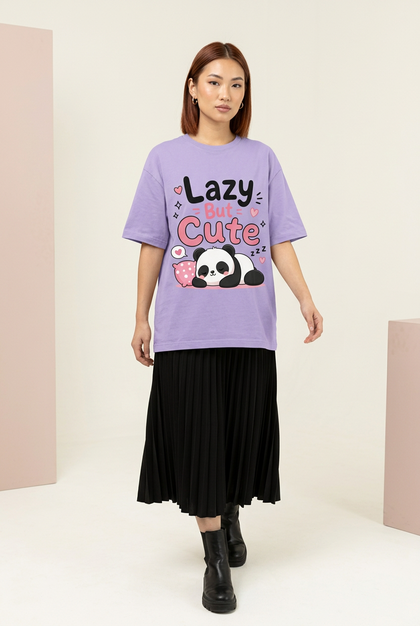 Lavender Lazy But Cute panda tee styled with black pleated midi skirt