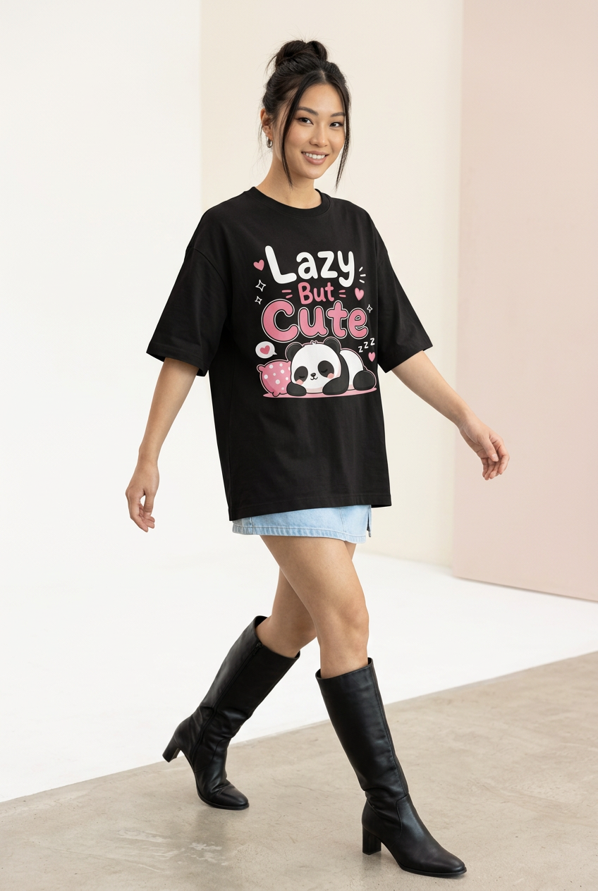 Lazy But Cute oversized tee, walking outfit with denim skort and boots