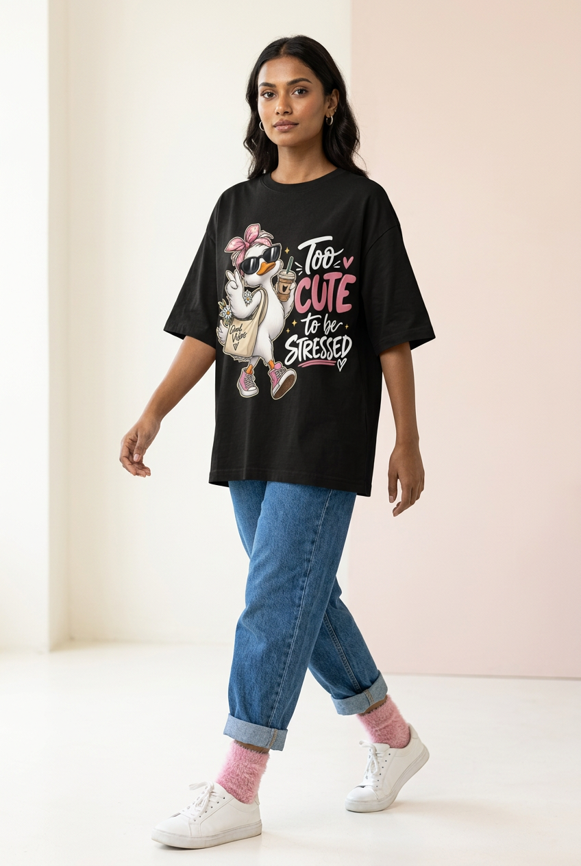 Indian female model in duck oversized tee with jeans and fluffy pink socks