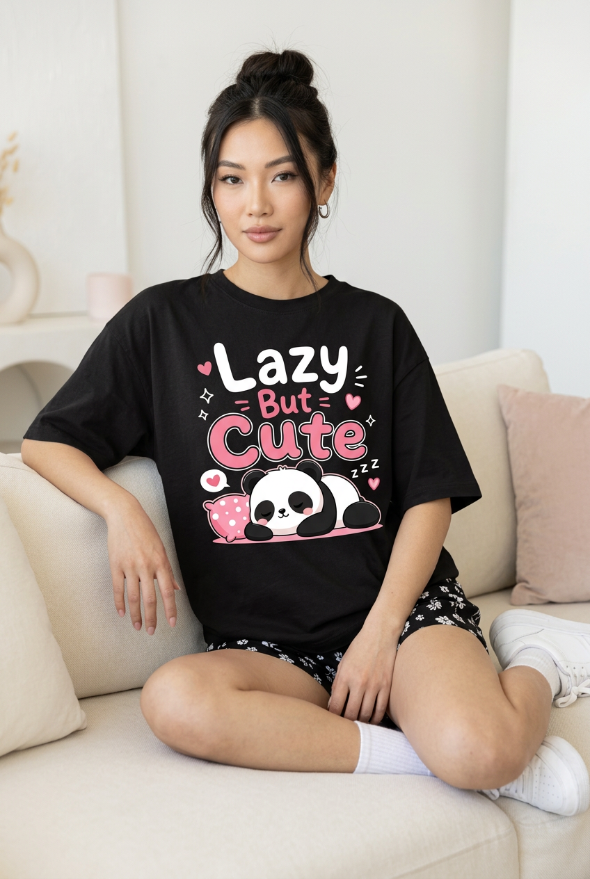 Black panda graphic tee, relaxed model pose on cream sofa