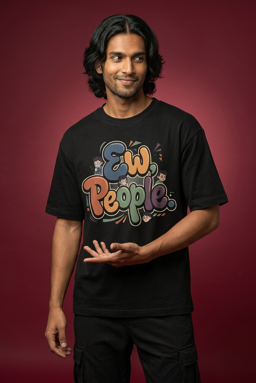 EWW oversized T-shirt, long-haired model, cheeky three-quarter pose