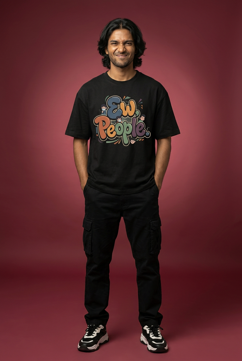 EWW oversized T-shirt, long-haired model, playful front pose