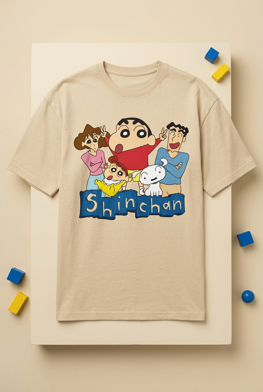 Shinchan family sand-beige graphic tee styled flat lay