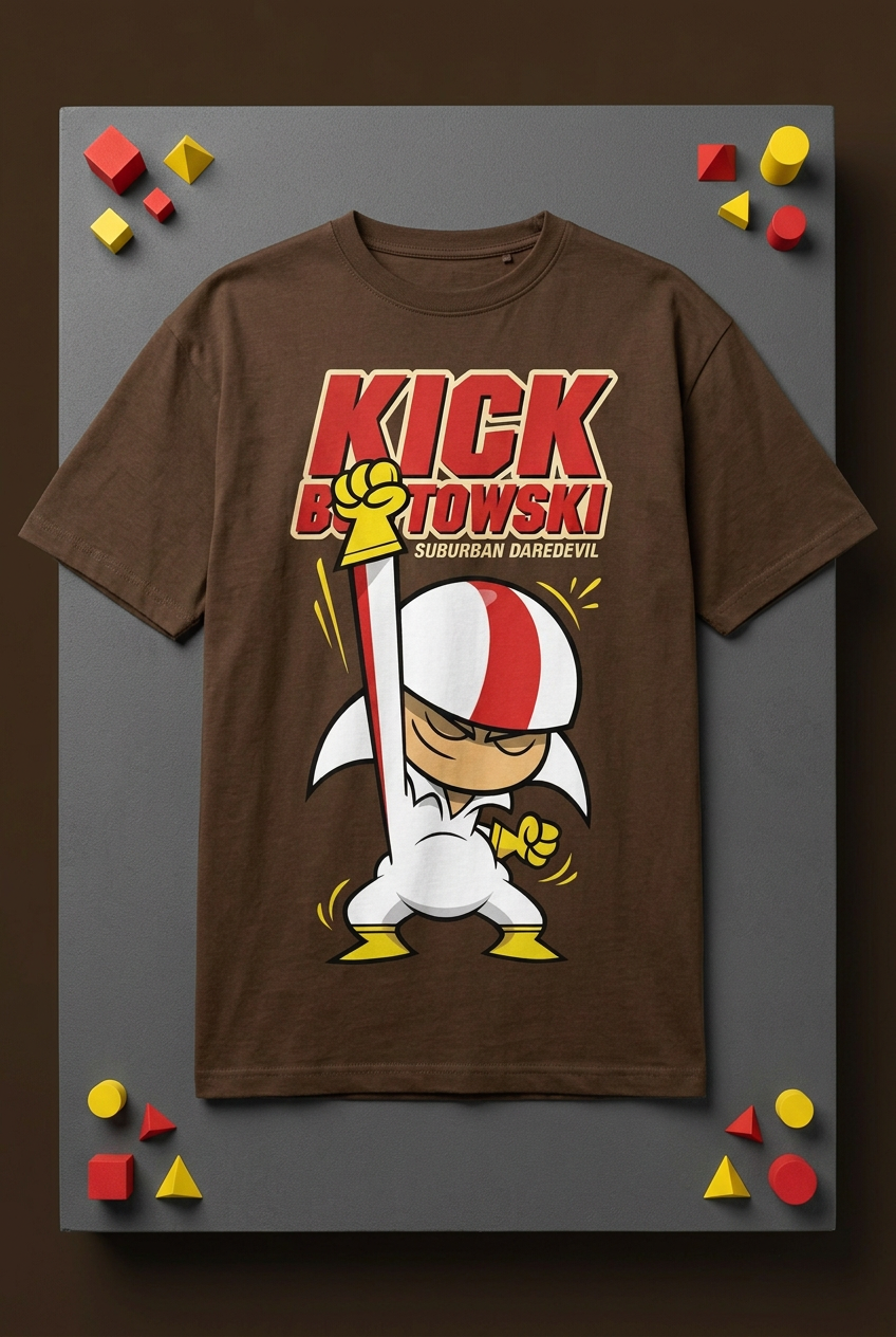 Kick Buttowski coffee-brown graphic tee styled flat lay